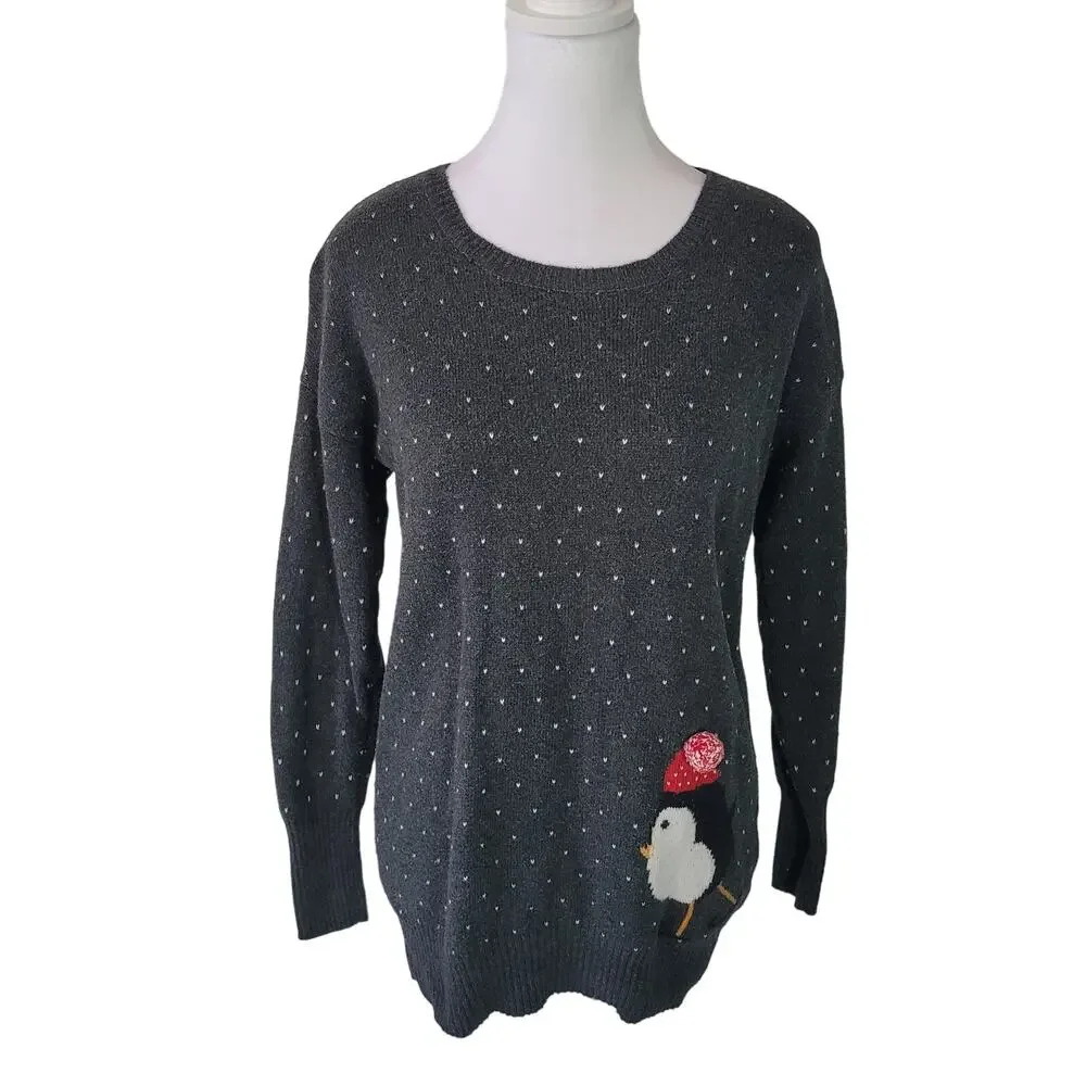 Wearing Your‎ Heart On Your Sleeve	Size	M Grey Heart Polka Dot Penguin Sweater